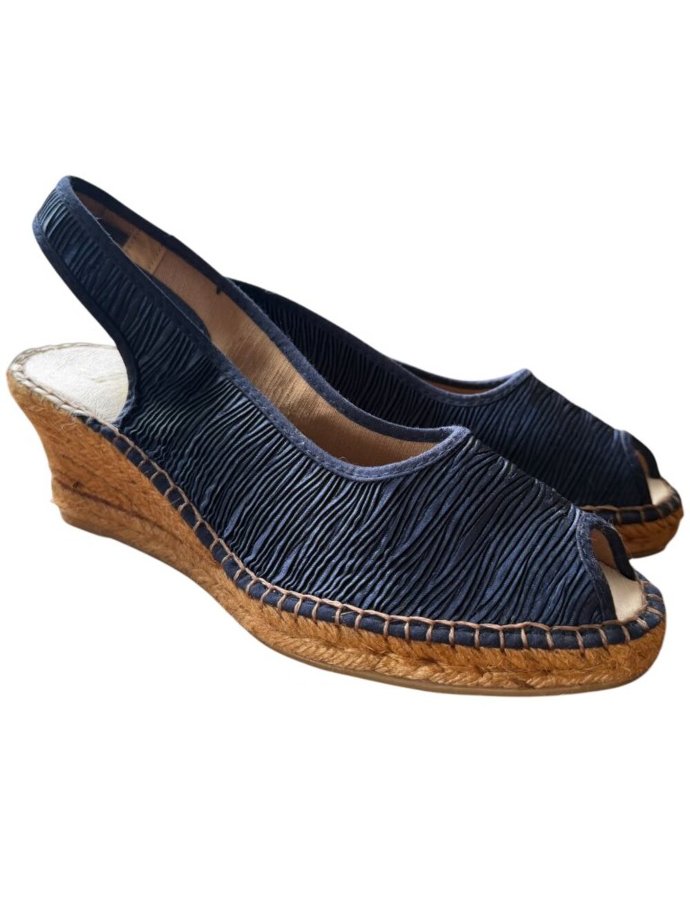 Azura Navy Silk Peep-Toe Slingback Wedge Espadrille Sandals Spain 40